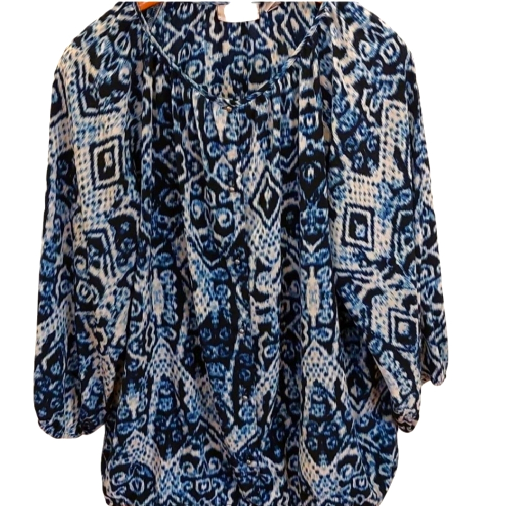 Chico's Tribal Peasant Boho Indigo Blue and White Button Front Blouse XL EUC
